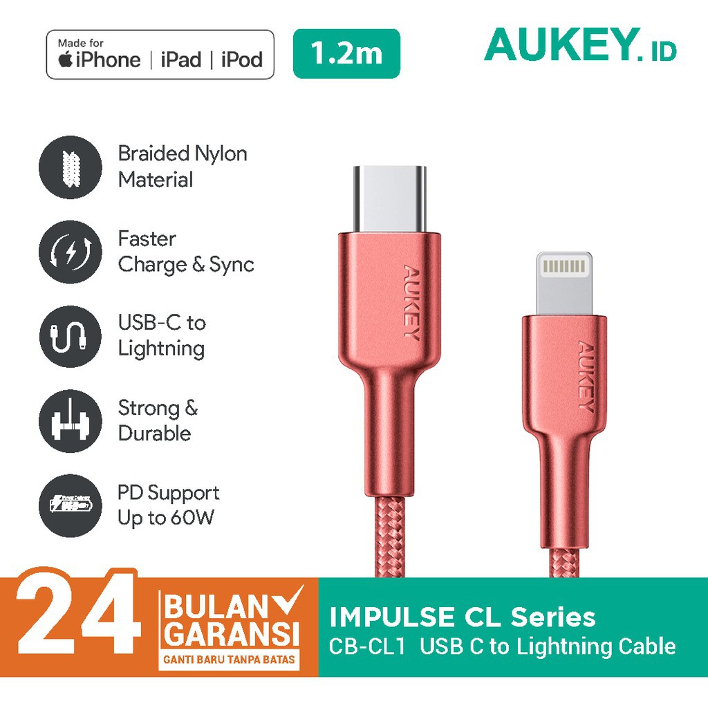 Aukey CB-CL1 尼龍編織 MFi USB-C 至閃電紅色電纜 500384