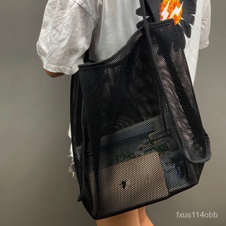 🔥臺灣熱賣🔥 高級質感沙灘包2023韓版新款透明網紗單肩挎包時尚輕便百搭購物袋 網紗購物袋 大容量收納袋 尼龍手提袋