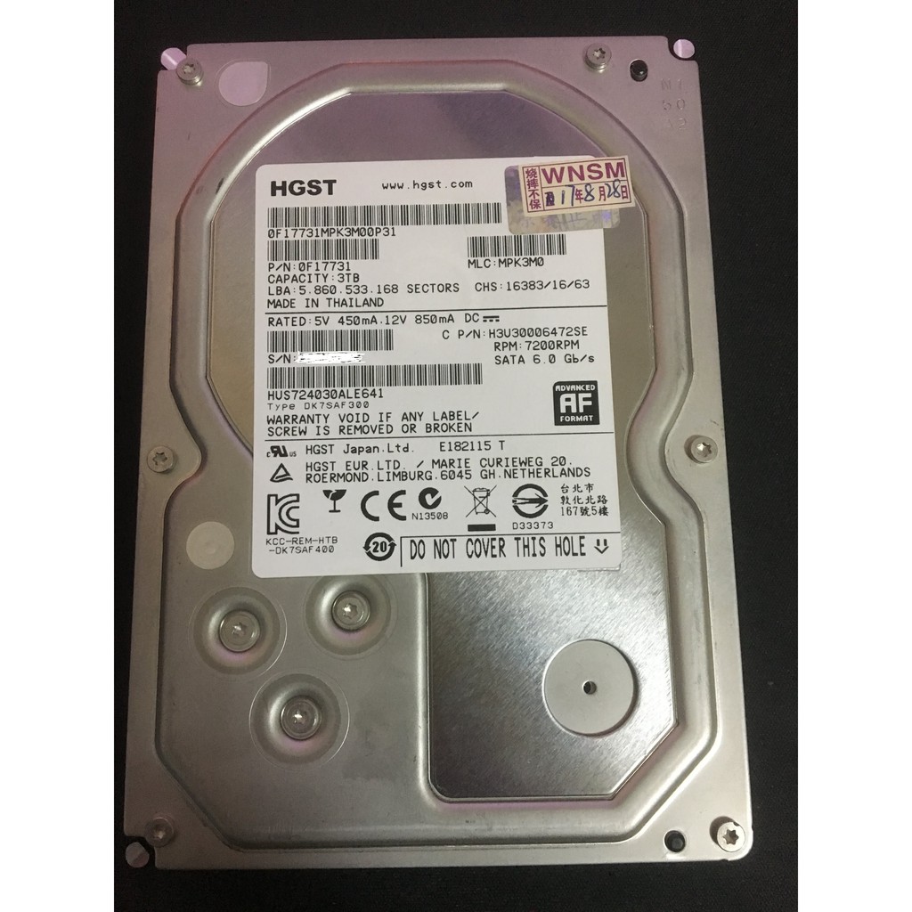 二手 HGST 內接3T 3.5吋硬碟 HUS724030ALE641