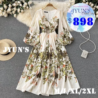 JYUN'S 春裝新款V領氣質法式復古文藝連顯瘦收腰大擺過膝長裙長袖洋裝大尺碼1色M~2XL預購