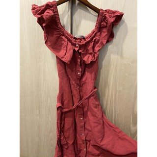 已售出）Zara 波西米亞棉麻 歐美風度假一字領洋裝