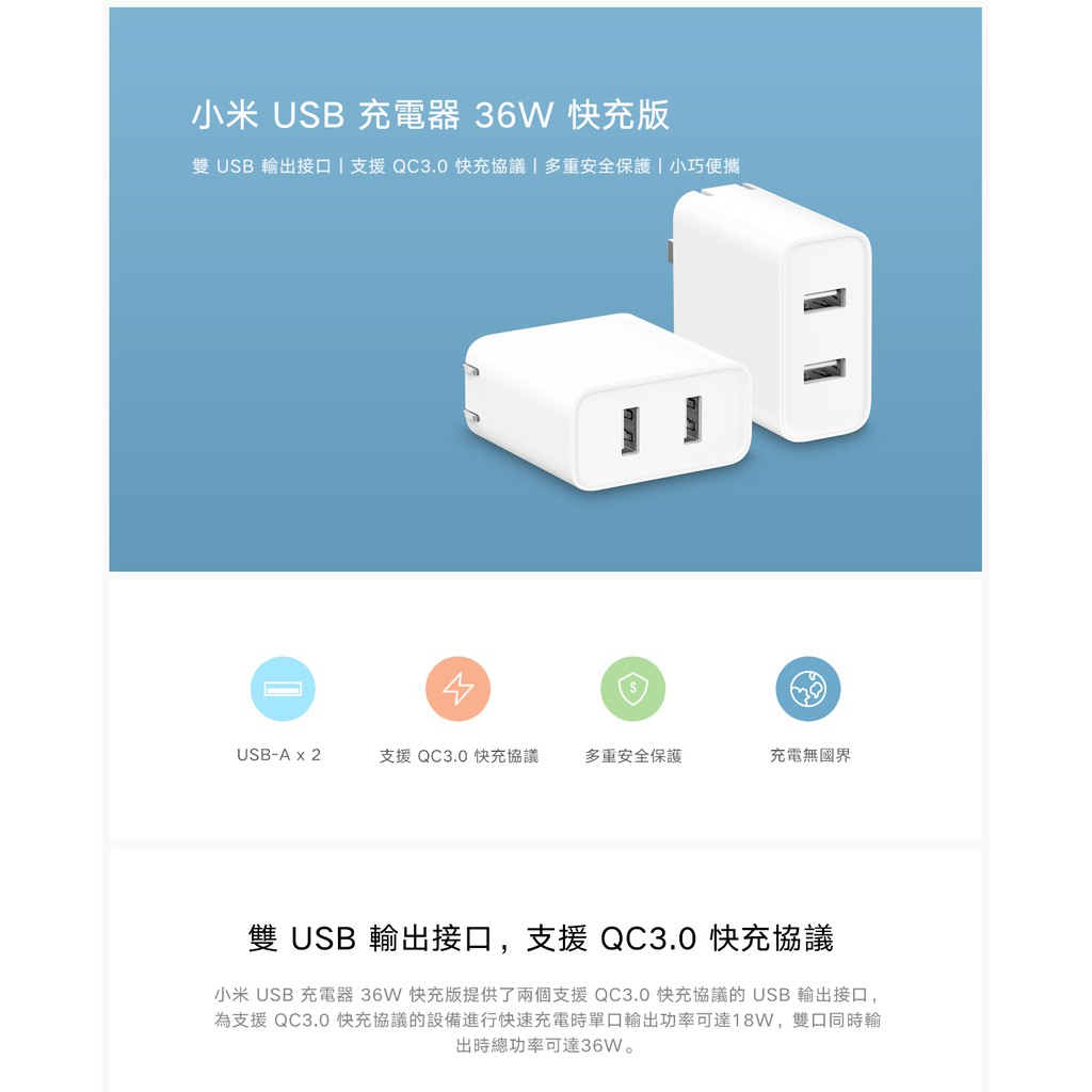 台灣公司貨 小米 2 Port USB 充電器 36W 快充版