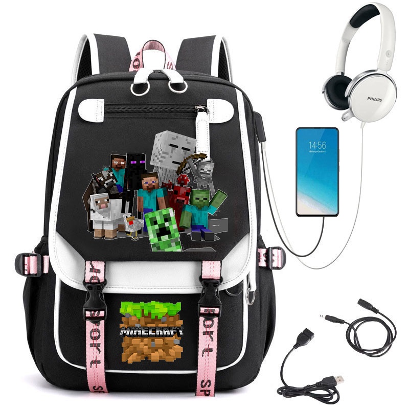 Anime Minecraft 女式背包筆記本電腦包男式學生背包旅行包書包(USB&amp;耳機接口)