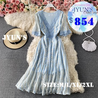 JYUN'S 春夏季新款宮廷風蕾絲刺繡V領女神氣質修身顯瘦禮服大擺長裙子短袖洋裝連身裙婚禮服 2色大尺碼M~2XL預購