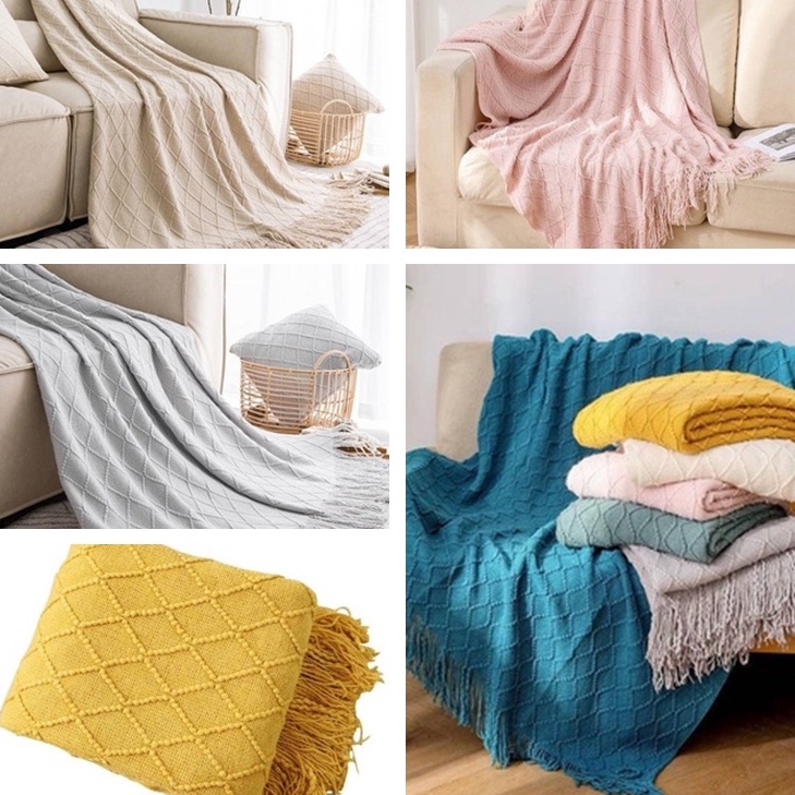 北歐菱形格線毯 沙發巾蓋毯  沙發套 素色沙發毯 露營毯 床尾毯  有情門 沙發 蓋布 編織毯 床尾巾