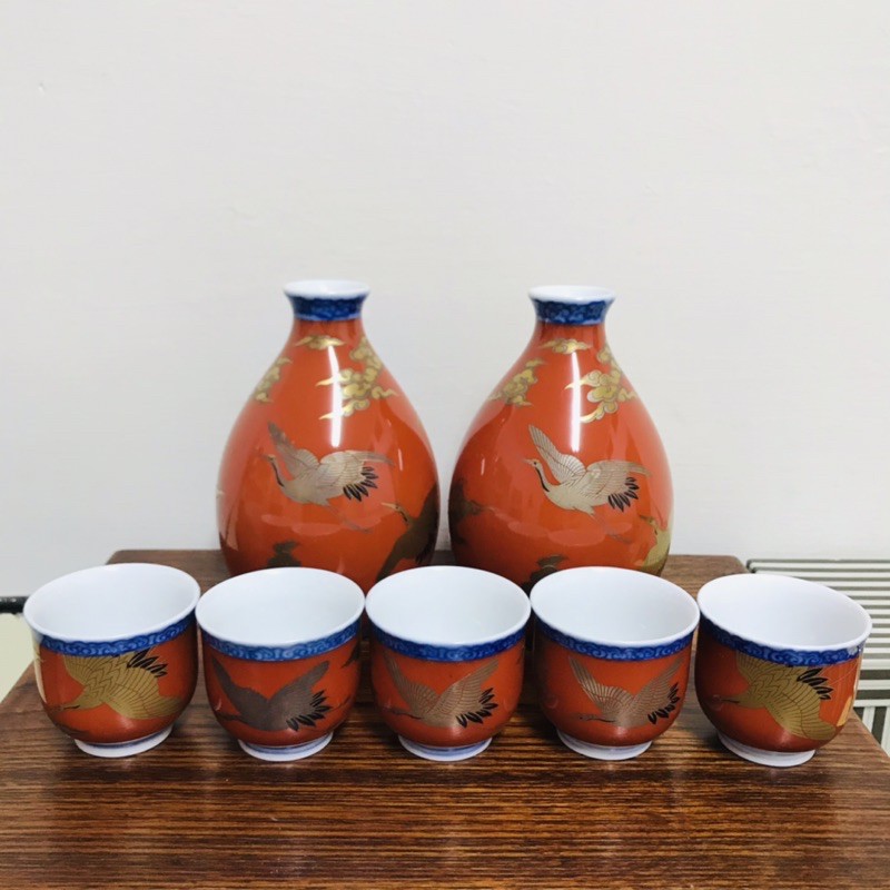 日本美術有田燒深川製磁 鶴紋陶瓷酒壺酒杯 木盒裝 蝦皮購物