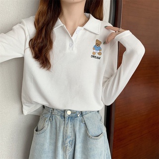 小熊刺繡長袖 T恤polo衫 女 秋季 新款 設計感 寬鬆短版上衣 ins潮 簡約時尚女裝