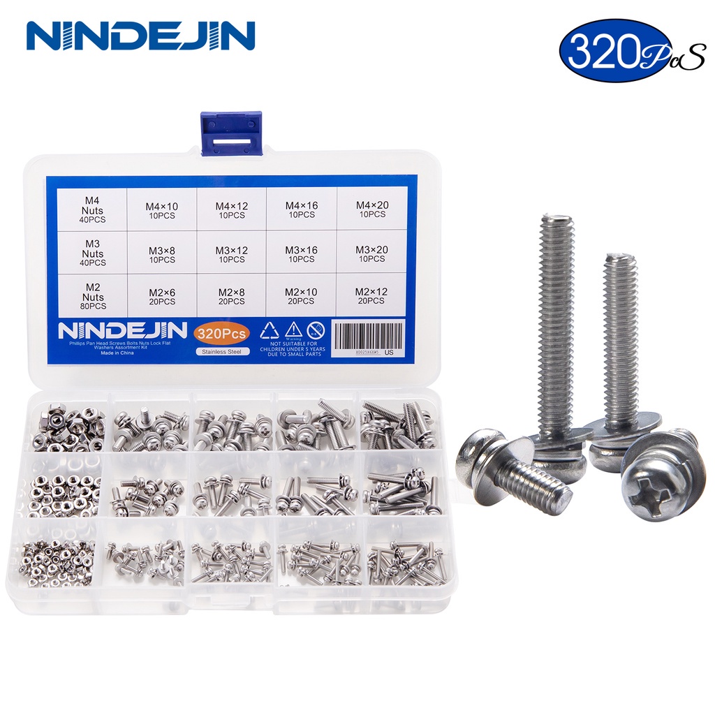 NINDEJIN 541/721/811個 不鏽鋼十字圓頭螺絲 盒裝機械螺絲 配有螺母墊圈 M3/M4/M5