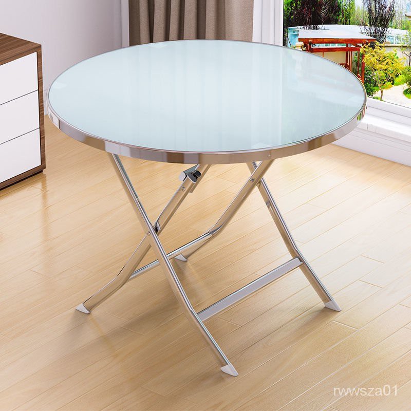 鋼化玻璃折疊桌家用簡易餐桌戶外陽台圓桌出租房小戶型吃飯方桌子 Qblg