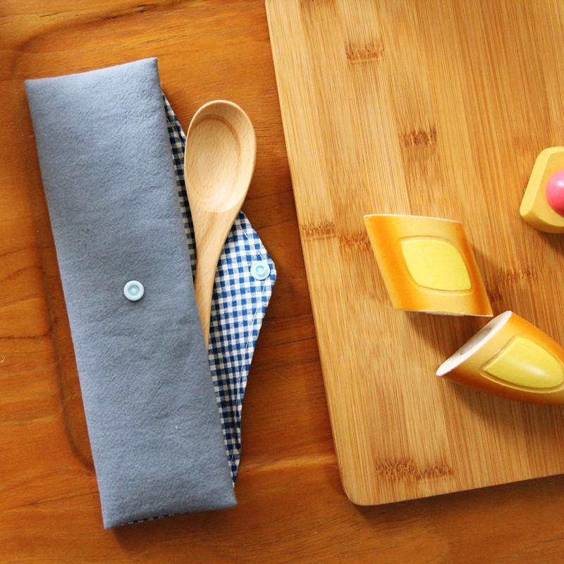 文青風環保筷袋 灰藍、收納袋 手作餐具袋 日本棉麻布料 野餐收納 素色