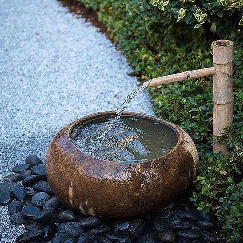 石雕 石缽 園林 造景 日式庭院流水石缽竹子流水石頭缸流水擺件自然石缽庭院流水景