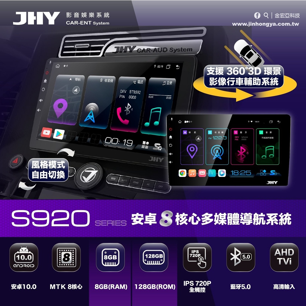 銳捷汽車多媒體-JHY S900/S930 8G RAM 128G ROM支援環景車用多媒體主機