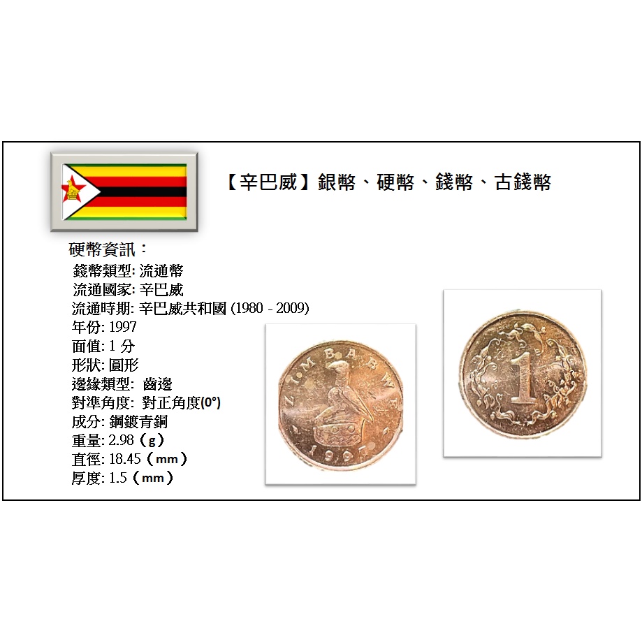 【辛巴威】銀幣、硬幣、錢幣、古錢幣_ 1 分  _ 1997年