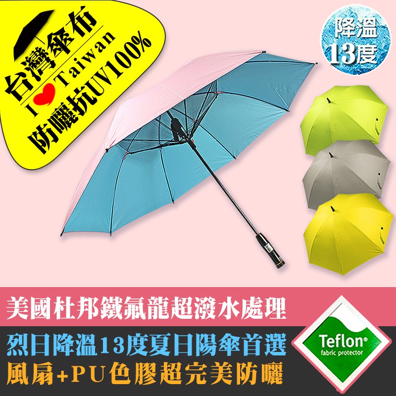 [雨傘達人]胡瓜/叫賣哥/歡樂智多星和新聞報導/傘下降溫13°C  世界第ㄧ台灣褔懋完美科技傘布 沁涼專利電風扇手動長傘