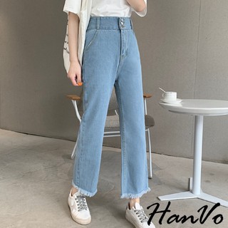 【HanVo】高腰顯瘦毛邊牛仔長褲 現貨百搭寬鬆休閒牛仔褲 寬褲闊腿褲老爹褲九分褲 女生長褲 A04-2530
