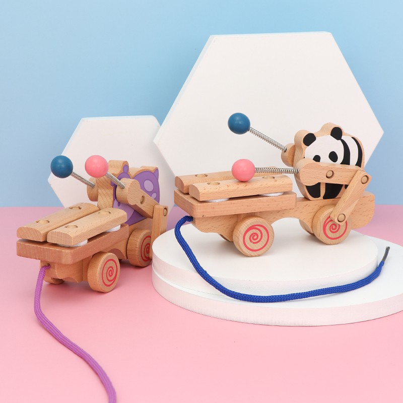 嬰兒兒童玩具⊕♚兒童木質拖拉學步車2-3歲寶寶牽引動物拉線小拖車玩具小熊敲鼓車11