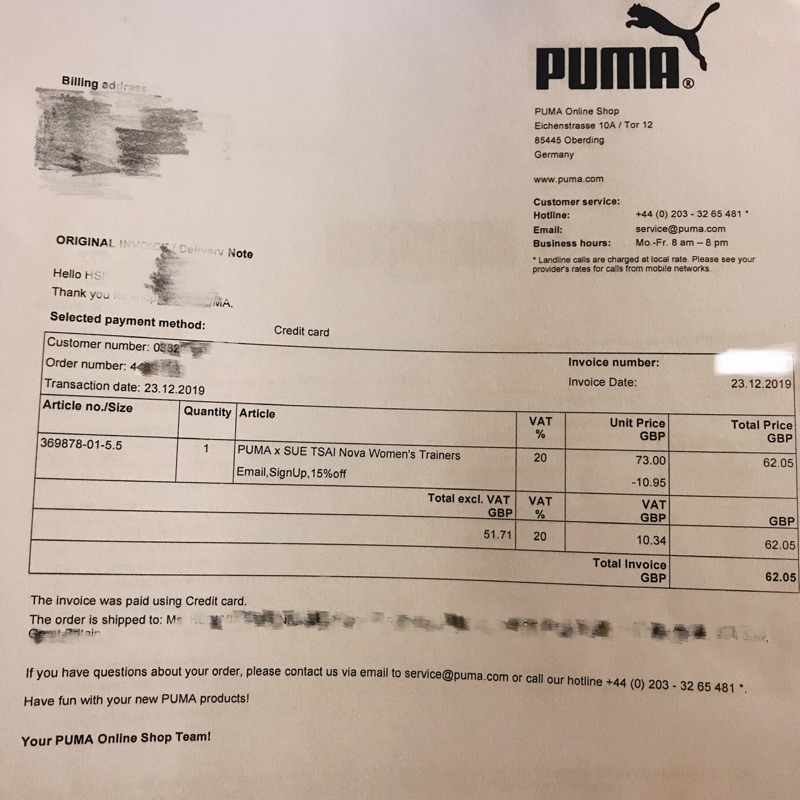 puma order number