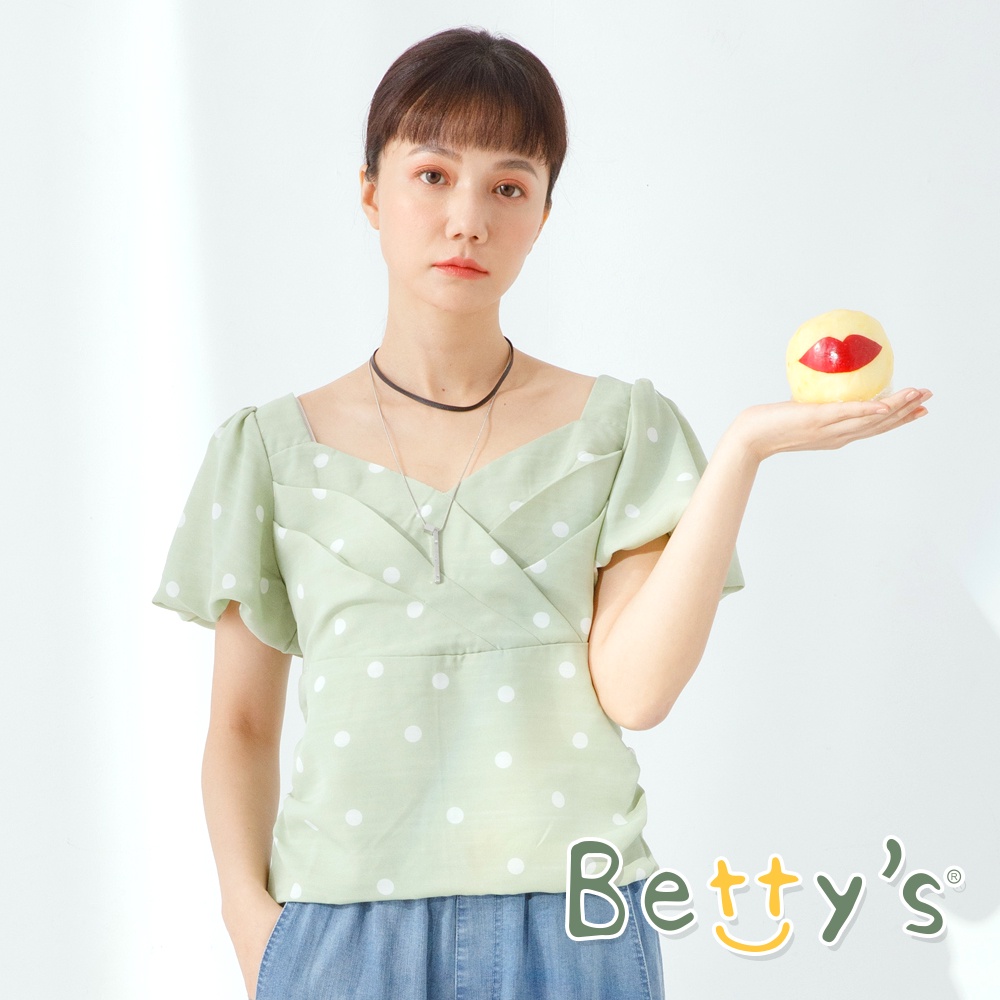 betty’s貝蒂思(11)短版圓點V領壓飾上衣 (淺綠)