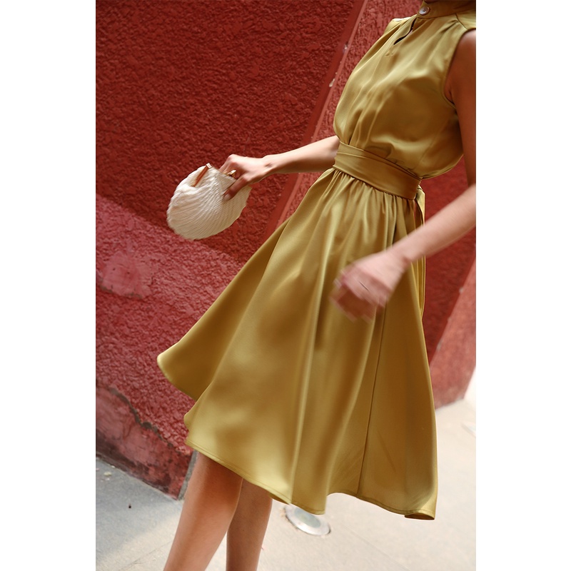 【Ching復古代購】優雅經典款1980年代緞面復古連衣裙 綁帶高腰A字大擺裙女