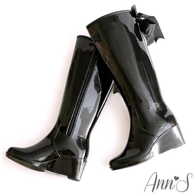 Ann’S素面百搭後綴蝴蝶結超顯瘦楔型雨靴-黑色