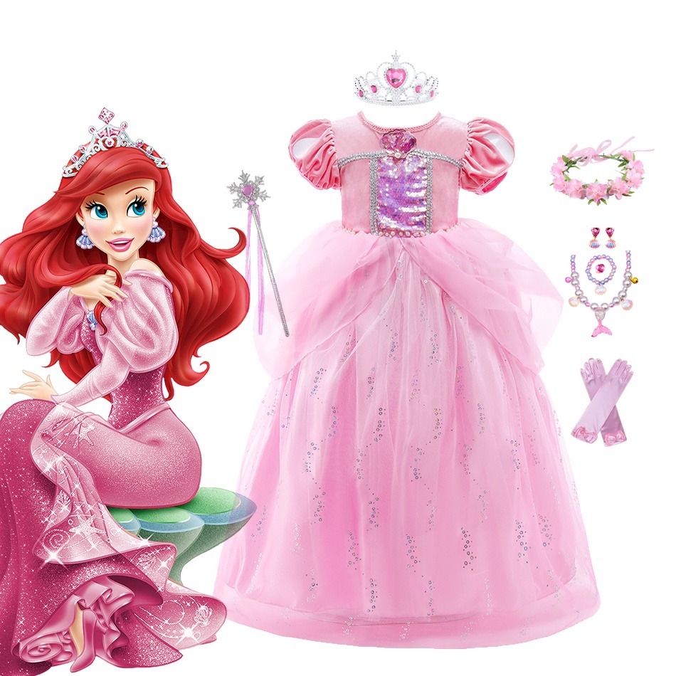 公主 Ariel 派對女孩舞會禮服小美人魚豪華狂歡節角色扮演服裝兒童粉紅色生日幻想長袍