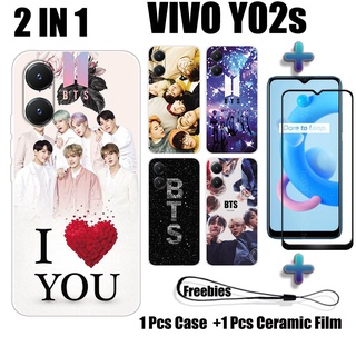 2 合 1 適用於 VIVO Y02s 手機殼,帶曲面陶瓷螢幕保護膜 BTS 設計