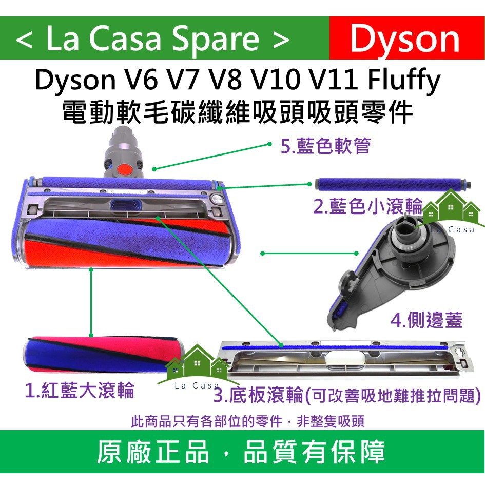 My Dyson原廠軟毛碳纖維吸頭fluffy刷頭 滾輪刷 底板滾輪 側邊蓋V6 V8 V10 V11 DC74藍色軟管