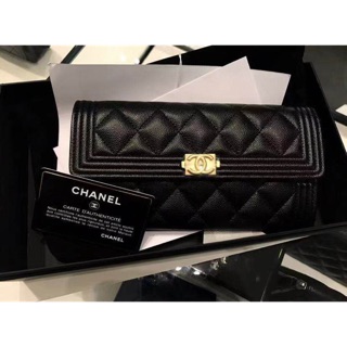 全新正品 CHANEL 黑色 菱格紋 荔枝紋牛皮 金釦釦式長夾