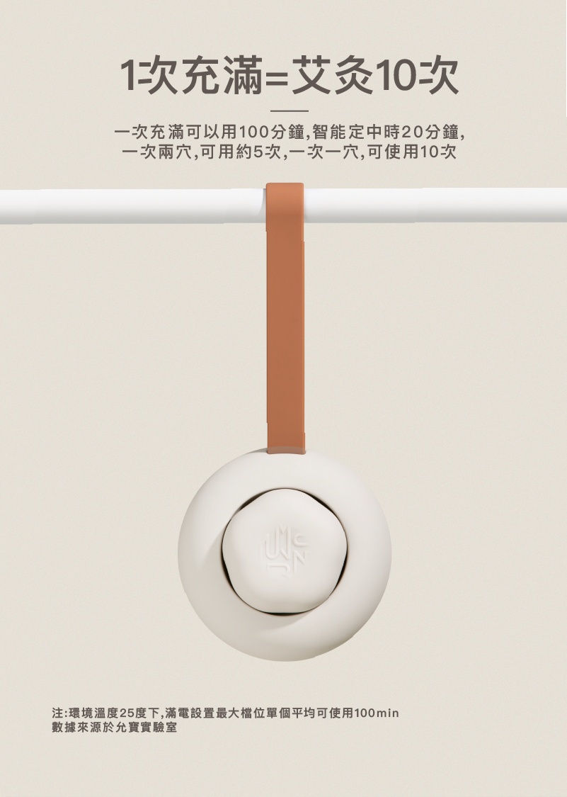 1次充滿=艾灸10次，一次充滿可以用100分鐘,智能定中時20分鐘,一次兩穴,可用約5次,一次一穴,可使用10次，注:環境溫度25度下,滿電設置最大檔位單個平均可使用100min，數據來源於允寶實驗室。