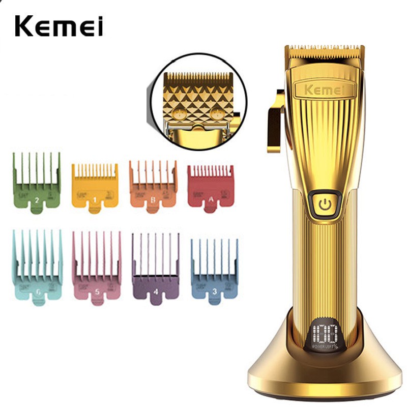 Kemei科美LED顯示理髮器全金屬电推剪電動钻石刀头修剪器推子帶8個顏色編碼卡尺