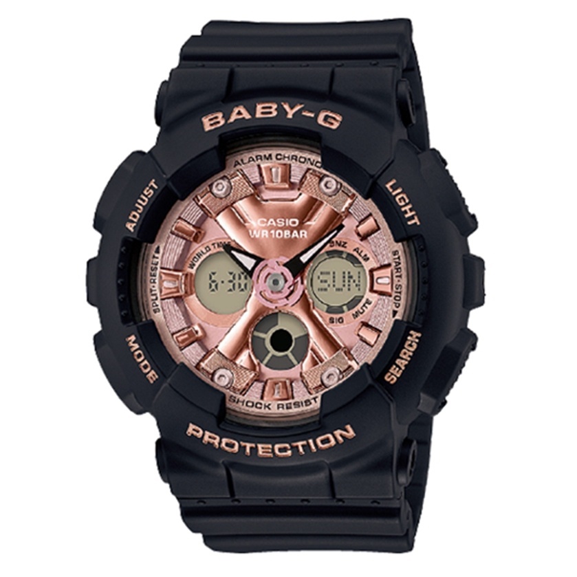 CASIO卡西歐 女 Baby-G 甜美運動風 時尚雙顯腕錶/玫瑰金x黑(BA-130-1A4)