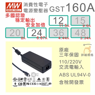 【保固附發票】MW 明緯 160W 變壓器 GST160A 12 12V 24 24V 適配器 筆電 馬達 驅動器 電源