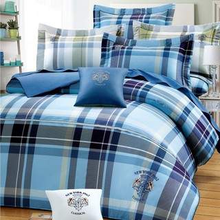 40支精梳棉【英格蘭-藍】床包枕套組 床包兩用被套組 床罩組 雙G-8818 台灣製 嫁妝