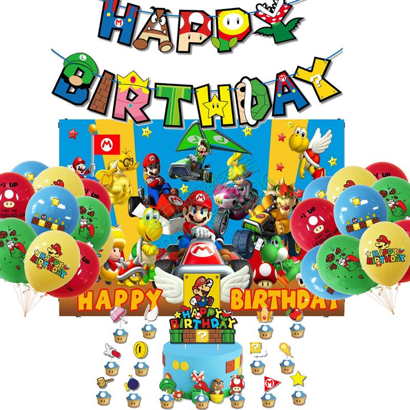 新款馬里奧主題生日派對裝飾 瑪麗歐字母拉旗蛋糕插牌氣球套裝佈置用品 生日派對氣球 生日拉旗 派對佈置 馬力歐 蛋糕裝飾