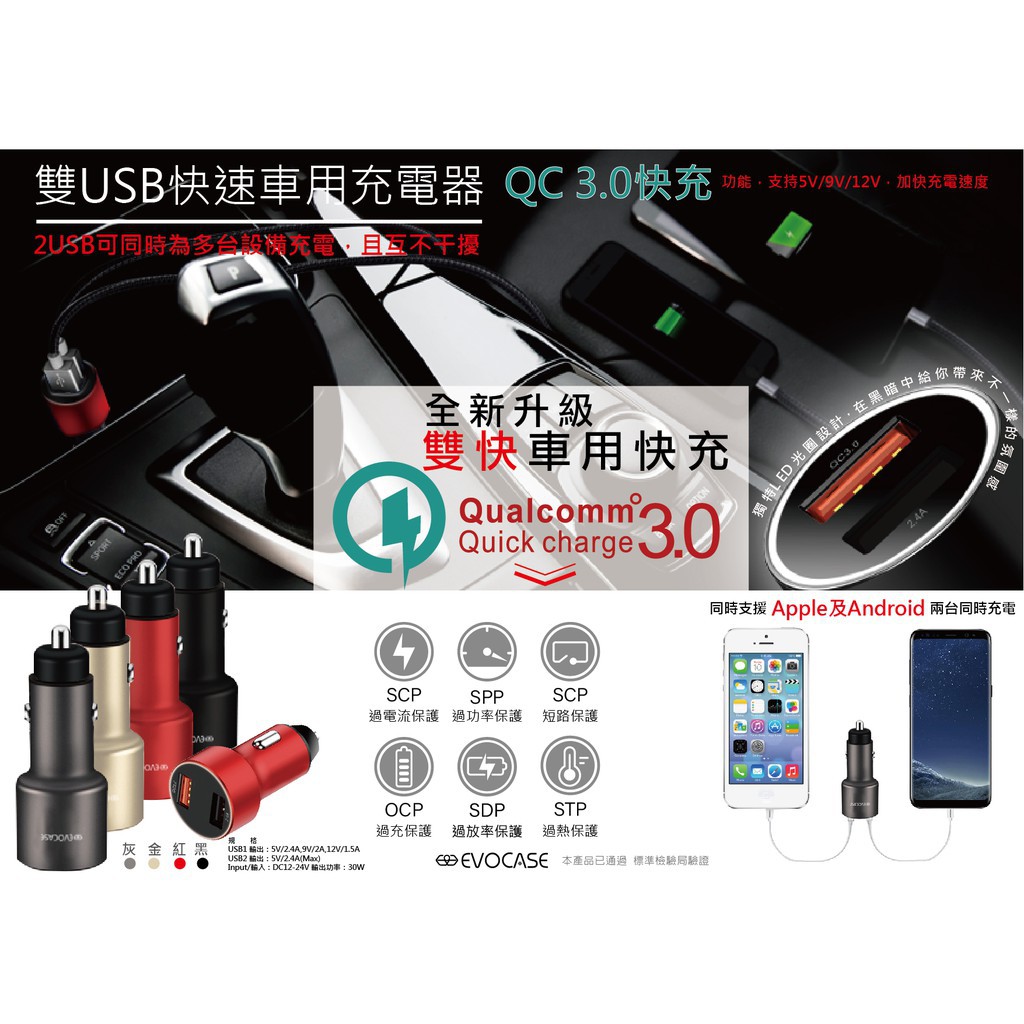 【美亞百貨】 Evo case 快速車載充電器 雙孔USB Quick Charge 3.0 QC LED光圈 點煙器