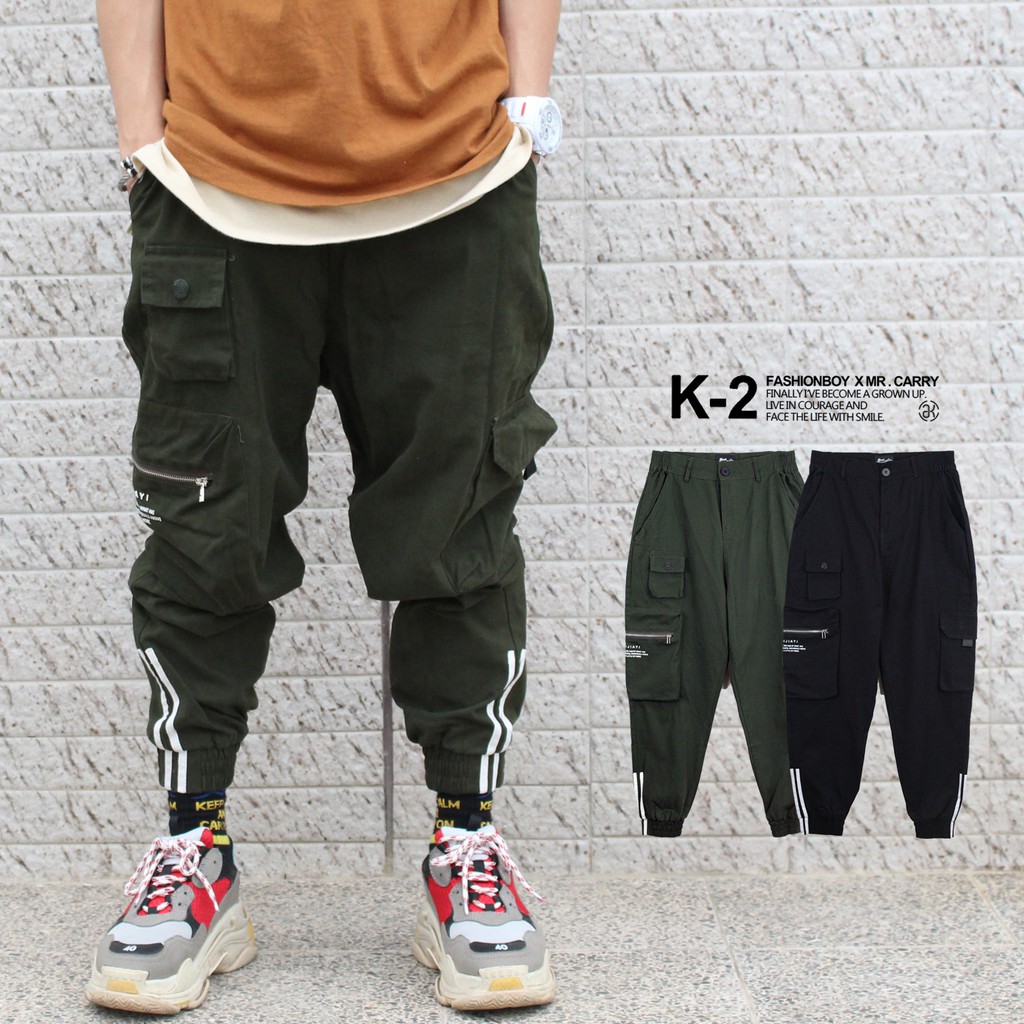 【K-2】側拉鍊 造型 上寬下窄 多口袋 立體 工作褲 街頭 縮口褲 束口褲 066-0573
