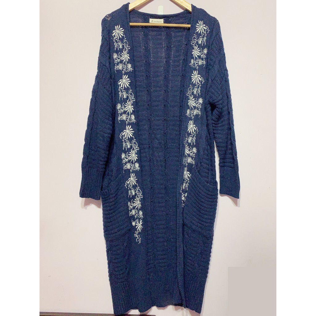 NANA 日本古著 100%純棉針織 刺繡花 口袋 超長版 毛衣外套 實搭款罩衫 日式紺青深藍色