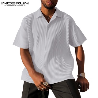 Incerun 男士簡約風格休閒短袖 V 領鈕扣寬鬆襯衫