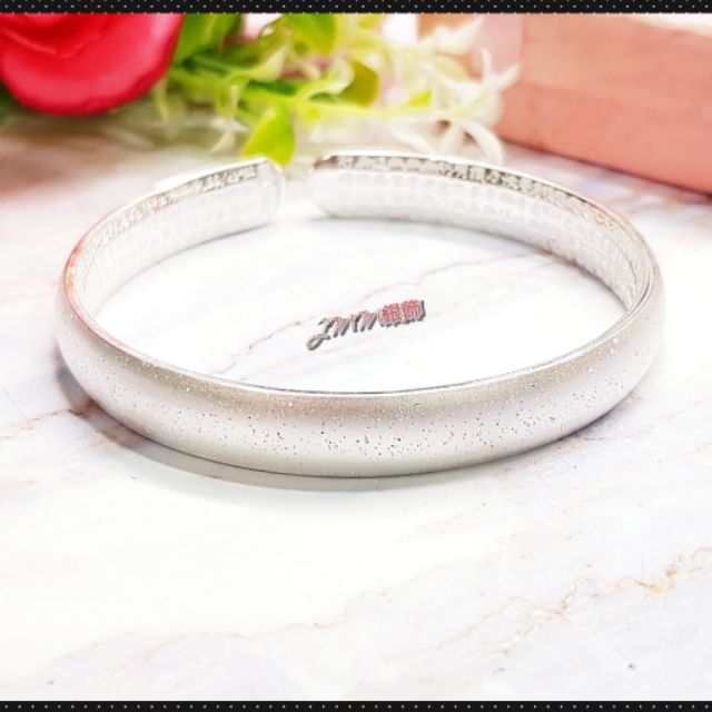 Jmm銀飾 現貨 重量級36克 正生s999足銀內刻印心經雪花霧面圓弧環身開口式可調純銀手鐲手環正生銀飾正生純銀