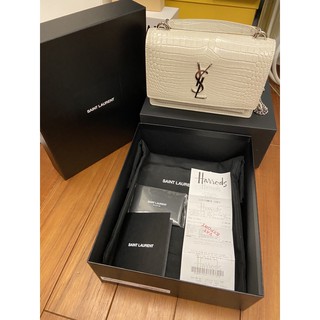 ［售出］YSL mini sunset 聖羅蘭白色 銀釦 鱷魚壓紋 牛皮包