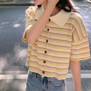 春夏開衫氣質短袖上衣T恤女韓版寬鬆條紋Polo衫ins潮洋氣