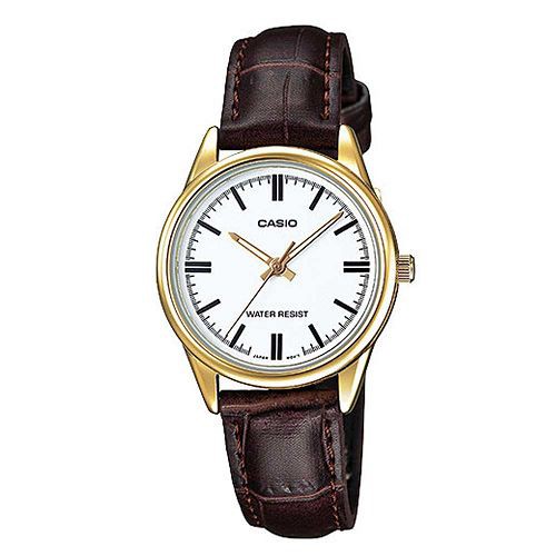 【CASIO】經典時尚金框皮革腕錶-羅馬白面 (LTP-V005GL-7A)正版宏崑公司貨