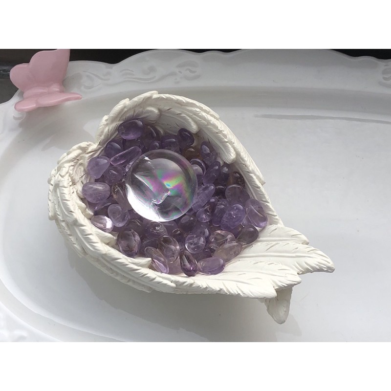 天然水晶球聚寶盆 小天使之翼聖壇 收納碗 擺飾 飾品盒 紫黃晶 海藍寶石 拉長石 磷灰石