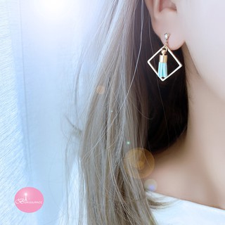 韓國 藍綠色菱形小流蘇 耳環 夾式 針式 臺灣現貨 【bonjouracc】