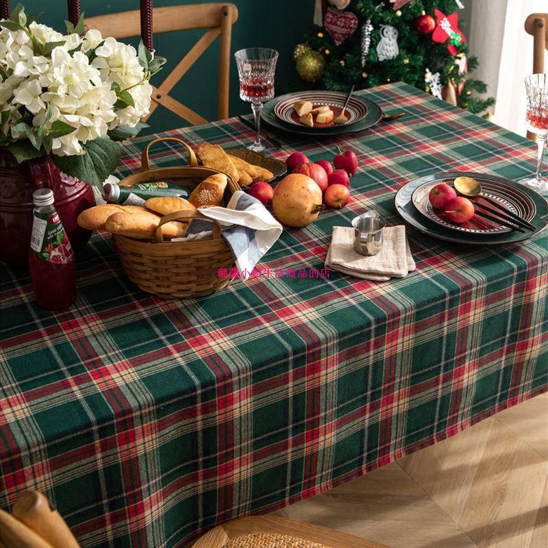 【璐璐】耶誕節桌巾 耶誕桌巾 聖誕節桌布 蘇格蘭綠色格子餐布 長方形家用臺佈藝拍照高級感棉麻
