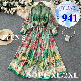 JYUN'S 夏季新款歐貨高階立領氣質名媛襯衫長裙繫帶顯瘦復古燈籠袖A字裙女長袖洋裝大尺碼1色S~2XL預購