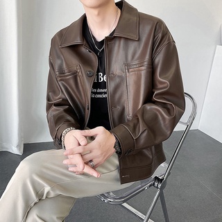🌈嚴選🌈春秋季復古韓系棕色外套冬天皮衣男翻領休閑寬松短款夾克潮外套男