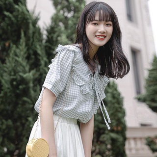 泡泡袖格子百搭襯衫女夏季新款短袖學院風甜美寬鬆娃娃領上衣
