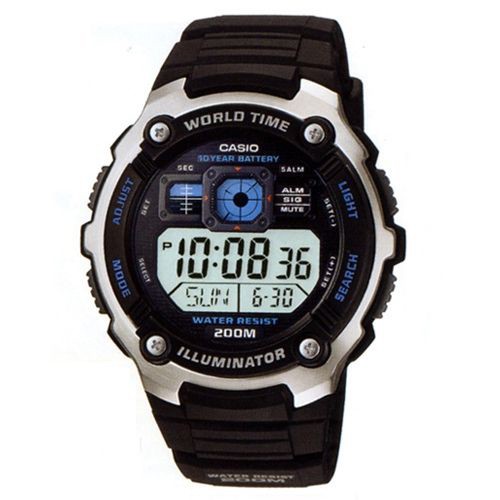 【CASIO】液晶膠帶運動防水200m電子錶-白面銀框(AE-2000W-1A)正版宏崑公司貨