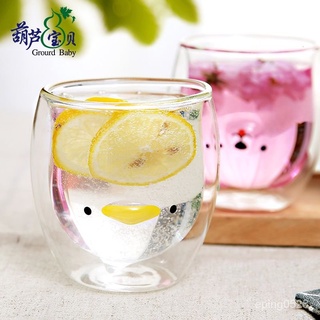 Zakka日雜 可愛雙層杯 咖啡杯 果汁杯 杯子 雙層玻璃杯 雙層杯 動物 透明雙層隔熱玻璃杯貓爪創意熊貓動物可愛學生牛